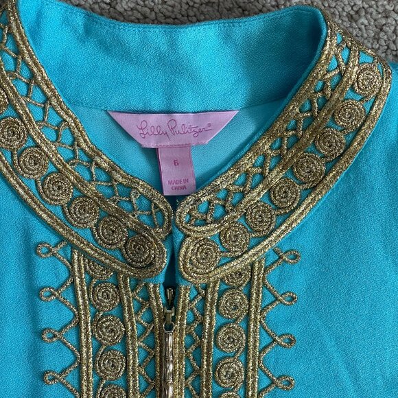 Lilly Pulitzer IBIZA BLUE JANE SHIFT DRESS Gold Braid Nehru Sleeveless Dress Sz6 - Picture 5 of 12
